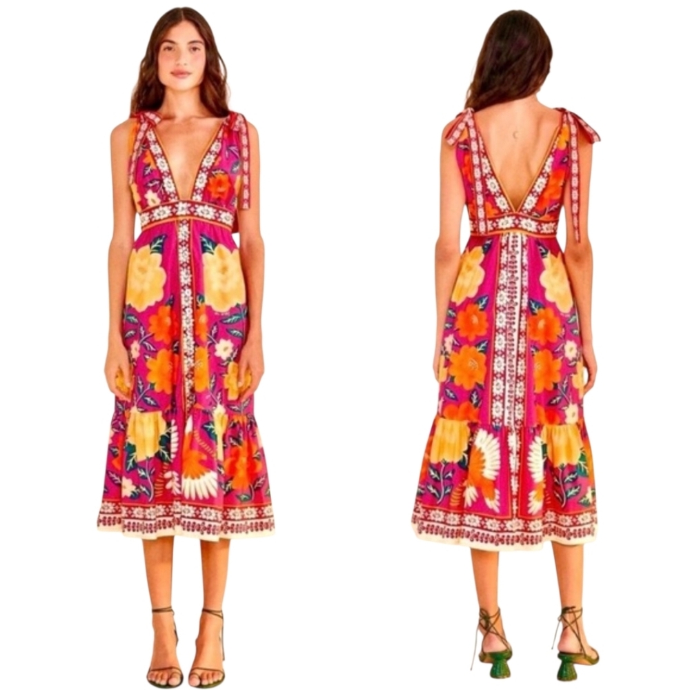 FARM Rio Pink Floral Midi Dress with Orange & Yellow Accents